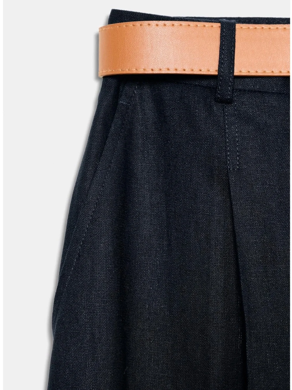 NWT Zara Mid-Rise Ankle Length Belted Linen Pants Sz:M Black